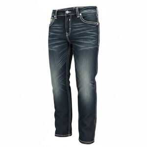 Rock Revival Men’s Joe Straight Short Dark  Denim Jeans Embroidered 38/30